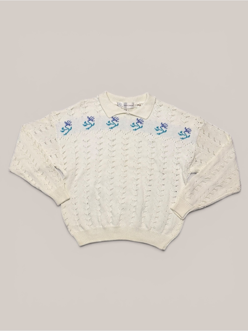90s Vintage White Floral Open Knit Collared Sweater